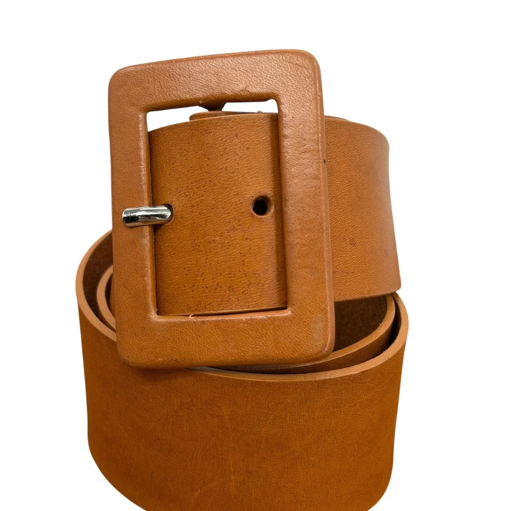 Calvin Klein Wide Leather Belt Womens SZ M Brown Classic Square Buckle Office